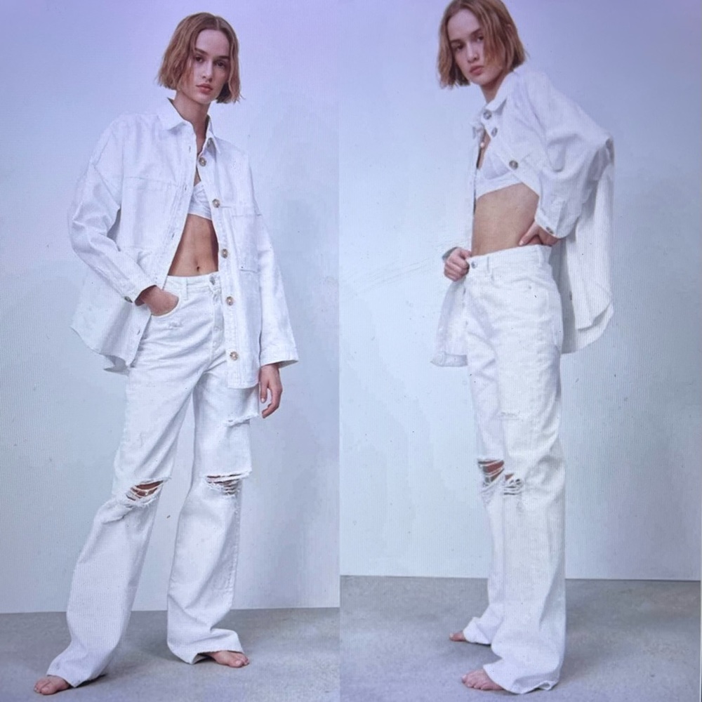 Zara High Waisted Distressed White Straight Leg Jeans